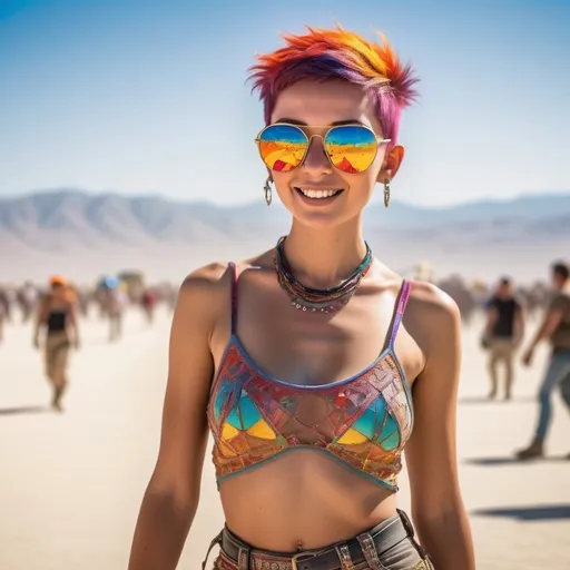 Prompt: Cute slim young woman, (vibrant Burning Man Festival outfit), short cropped hair, colorful vibrant sunglasses, vast desert flats in background, lively festival atmosphere, (warm sunlight), strong contrast in colors, a sense of joy and freedom, dynamic poses, (ultra-detailed), (high quality) scenery, unique festival elements and decorations visible.