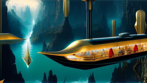 Prompt: the genius gynoid clone-daughter of Maria Futura of Fritz Lang's Metropolis sails her Quantum Gondola across the River Styx, into the maw of the Exotically Packaged Shadow. detailed matte painting, deep color, fantastical, intricate detail, splash screen, complementary colors, fantasy concept art, 8k resolution