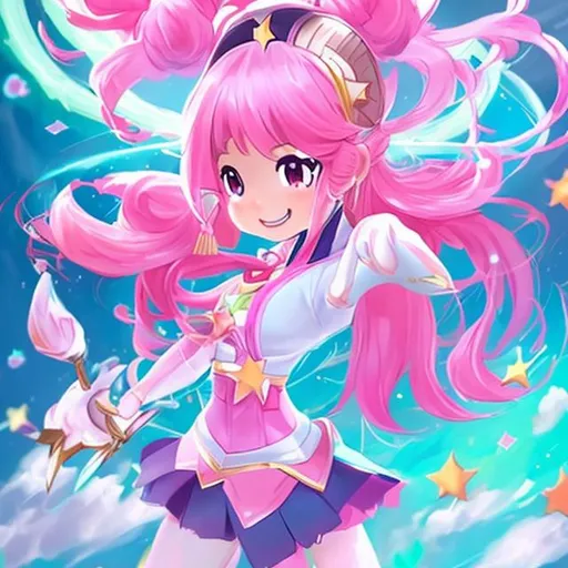 Prompt: cute chinese girl with pink ponytail as a star guardian character attacking
