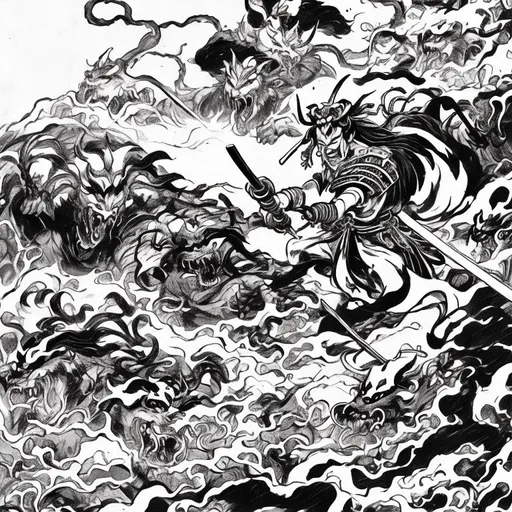 Prompt: A samurai fighting of demons in a black and white land.