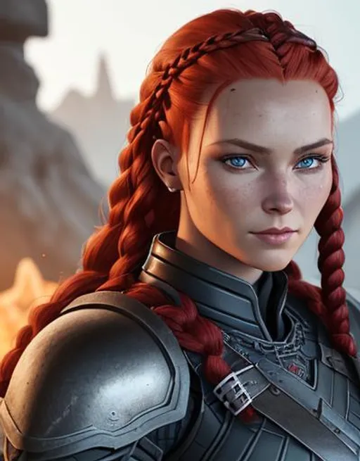 Prompt: Digital art, woman viking, cartoon likeness, subtle smile, red hair, cornrow braids, blue eyes, black gear, black armor, unreal engine 8k octane, 3d lighting, full body, full armor