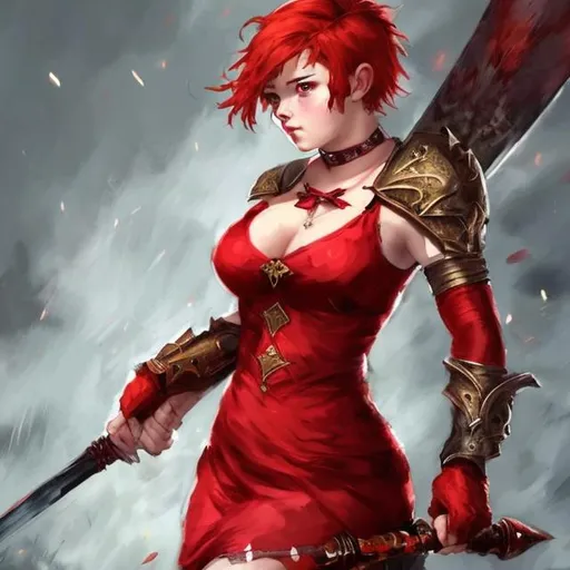 Prompt: red dress, short Crimson hair, spear, realistic face, chubby