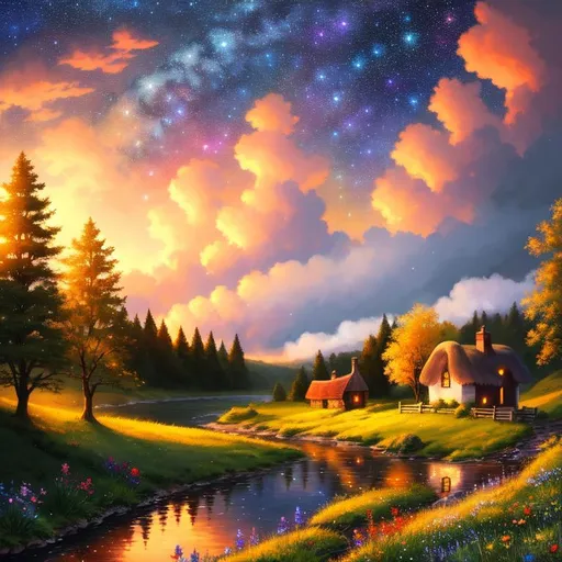 Prompt:  Aesthetic, beautiful, painting, witch's cottage, chimney smoke, fantasy, adventure, river, cute, soft, art, RPG, highres, illustration, starry sky, wonderland, wildflowers, cute, sunset