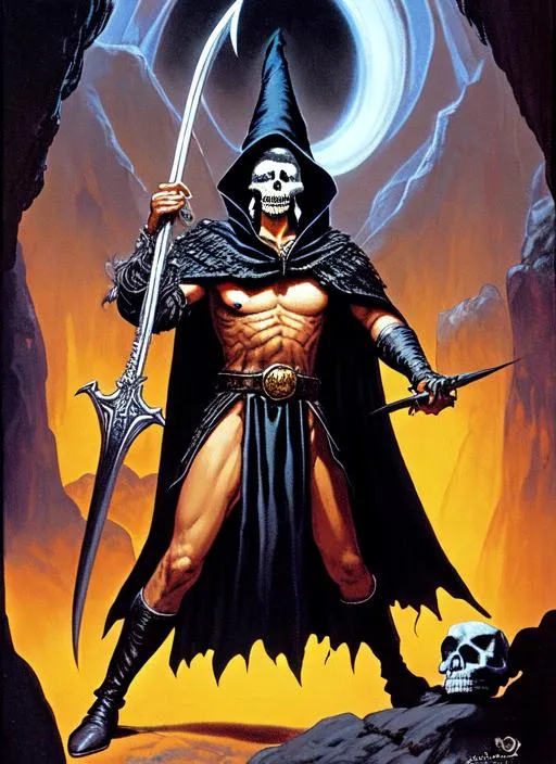 Prompt: wizard with a skull for a head holding a black sword, black feather cloak, character, d&d, cave, 4k, Clyde Caldwell, Jeff Easley
