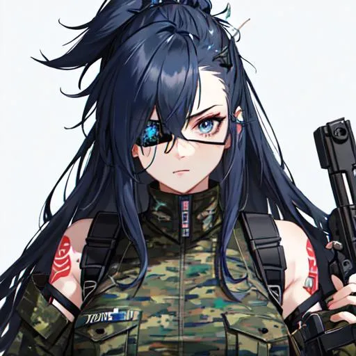 Prompt: (blue Messy hair with front spikes) wearing a eye patch that covers her right eye, wearing a camo military uniform, tattoos on her arms, holding a gun