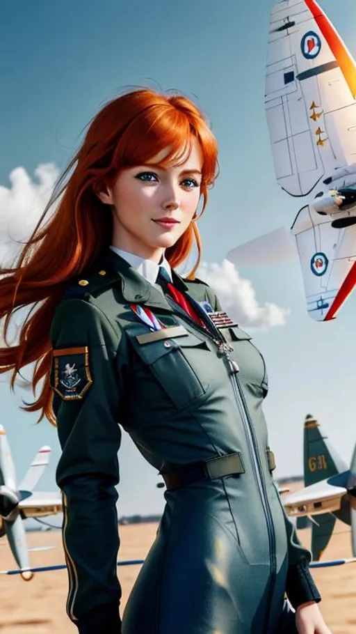 Prompt: {best quality}, {{masterpiece}}, {highres}, extremely detailed ginger girl, british, inspired by Royal Air Force, sharp focus, {{{character{1 girl}}}}, solo, {{{beautiful skinny body with small boobs}}}, Pilot clithes clothes, light smile, closed mouth, beautiful detailed blue eyes, blue eyes, {{{{{sharp focus}}}}}, {{{{{masterpiece illustration}}}}}, long hair with side fringe, {{{ginger hair}}}, {{full body}}, glowing, airfield background, view of planes, light from the front