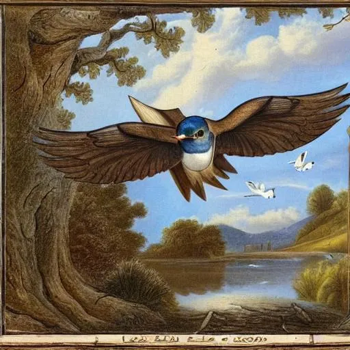 Prompt: A swallow flies among clouds over a wood by a lake, but it is all in a room lined with books