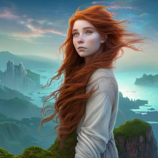 Prompt: A close-up of a young woman with flowing auburn hair stands at the edge of a cliff, overlooking a vast fantasy landscape. The horizon is dotted with floating islands, each with its own unique ecosystem. Luminescent creatures fly around her, their wings shimmering with iridescent colors. In the distance, a majestic waterfall cascades from a floating island, creating a rainbow mist. The woman wears a flowing gown that seems to merge with the elements, reflecting the colors of the sky during sunset. The scene captures the essence of a digital photograph, inspired by the works on Art Station and the dreamy landscapes of Studio fairy tale films. Shot with a 70 mm lens, the view is from a high angle, emphasizing the vastness of the landscape. The image boasts a high resolution with highlighting, highlighting the vivid colors of the fantasy world. Rendered with Octane, the scene has a cinematic feel to it.