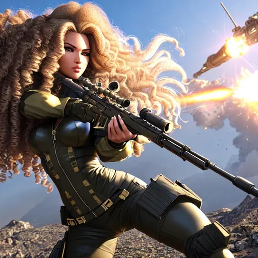 Prompt: Sniper wolf stylized, UHD, hd , 8k, 3d rendered , Very detailed, panned out view with whole character in from, oil painted, holographic foil, long hair with tight  afro curls, Chocolate skinned female  character, hand to hand combat action stance, missiles and Explosion in the background, and wolves, HD, 3D rendered, vivid eyes color, Hair caught in aggressive breeze infused with electricity and lightening, curling tightly, scaly shiny leather kimono Mistress  styled dress, Gritty Fantasy character, sharp expressive facial features, Defiant smirk, hand near face, 