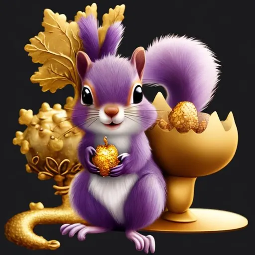 Prompt: royal purple squirrel holding a single golden acorn on a black background 