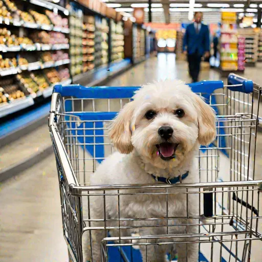 Prompt: A bichon frise dog sitting in a shopping cart inside the grocery section of a Walmart Supercenter.