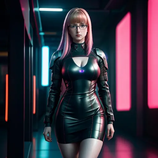 Prompt: Cyberpunk, melissa rauch wearing glasses in a tight dress, raw photo, photorealistic, High Detail, dramatic, UHD, HDR raw photo, realistic, sharp focus, 8K high definition, insanely detailed, intricate, high quality, 