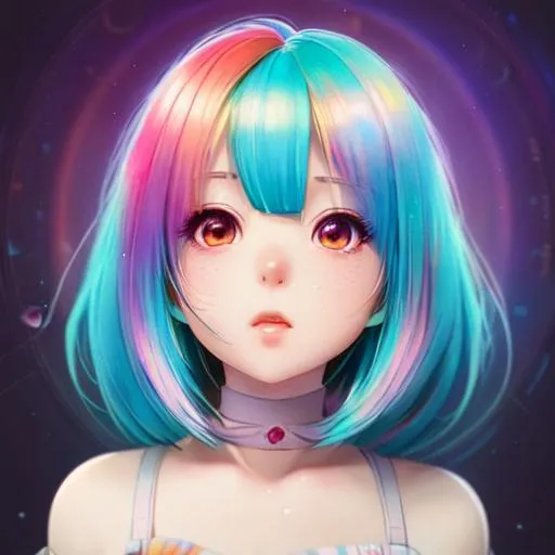 Prompt: beautiful girl, cute, blissful, multi-colored hair, kawaii, anime Character Portrait, Looking At Camera, Symmetrical, Soft Lighting, Cute Big Circular Reflective Eyes, Pixar Render, Unreal Engine Cinematic Smooth, Intricate Detail, anime Character Design, Unreal Engine, Vintage Photography, Beautiful, Tumblr Aesthetic, Retro Vintage Style, Hd Photography, Hyperrealism, Beautiful Watercolor Painting, Realistic, Detailed, Painting By Olga Shvartsur, Svetlana Novikova, Fine Art, Soft Watercolor