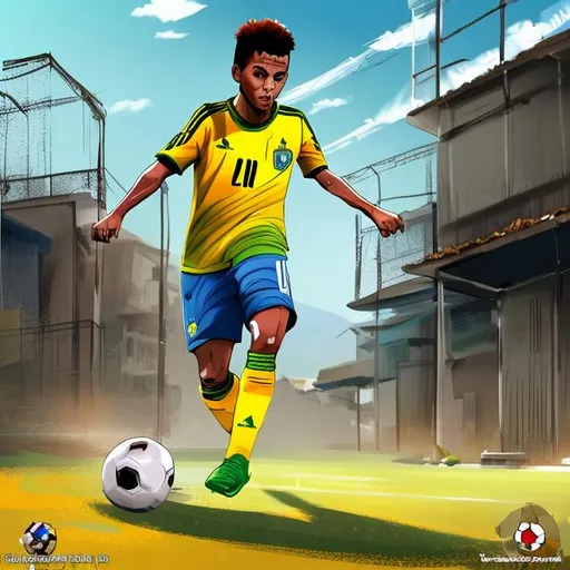 Prompt: digital art , anime brazilian soccer player playing in a soccer field in a  favela


