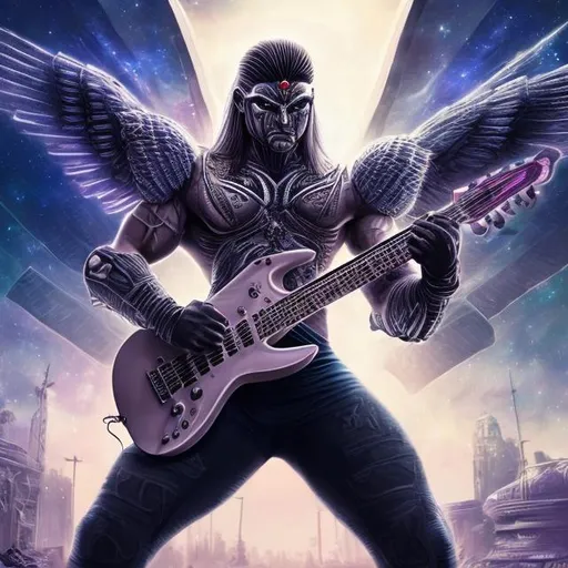 Prompt: Bodybuilding Assyrian Winged warrior playing guitar for tips in a busy alien mall, widescreen, infinity vanishing point, galaxy background