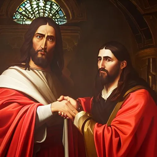 Prompt: Renaissance style oil painting of (Jesus the Christ) shaking hands and making a deal with (Satan the Devil), and they appear as traditional Biblical characters, and (Jesus the Christ) has a (thin circular golden halo) above his head and he is wearing a traditional full length white robe, and the (Satan the Devil) is wearing dark red robe and has two visible large black horns and a visible long forked tail, they are both standing on clouds with the Earth's churches in the background, highly detailed faces, cherubs are watching from the upper corners, inspired by Michelangelo, similar to the Sistine Chapel murals, and the entire image is bounded by gilded frame like for a museum display, museum quality, fine art style, clear highly detailed imagery