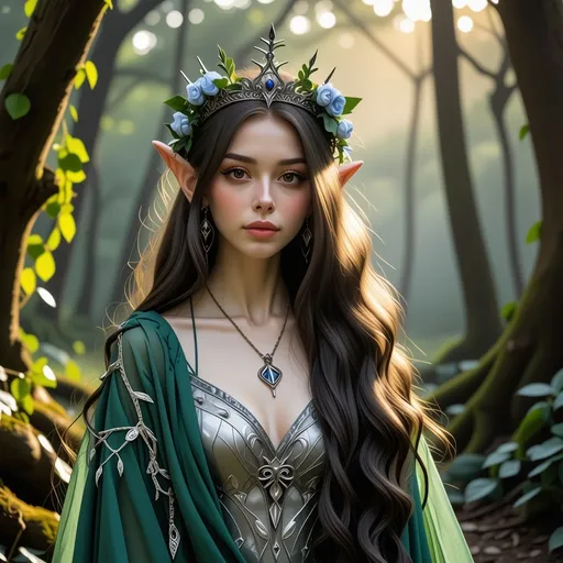 Prompt: Adult slim female elf royalty, graceful posture, ethereal elegance, adorned in intricate silver and emerald robes, wearing a delicate crown, long flowing hair adorned with flowers, serene expression, surrounded by enchanted forest backdrop, magical soft lighting highlighting her features, enchanting atmosphere, mystical aura, ultra-detailed, high quality.