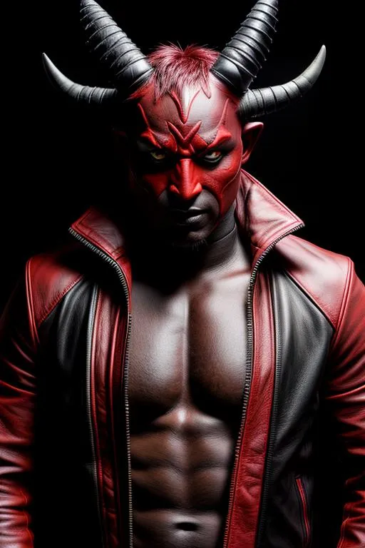 Prompt: Photorealistic Devil man, Red Skin and eyes, Black markings on his face, Black horns with red tips, Red and Black reinforced Leather Jacket, Intricately Detailed, Hyper Detailed, Hyper Realistic, Volumetric Lighting, Beautiful coloring and face detail