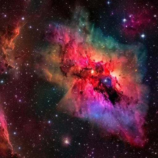 Prompt: A large nebula being watched by a satelite, the nebula shines red light onto its yellow and purple surroundings.
