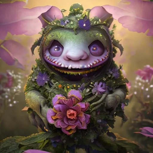 Prompt: cute fantasy star flower baby monster with one eye, with a smile on his face without teeth, on his head 4 petals and a full body extremely detailed 3D animation symmetrical in the center a lot of light colorful octane rendering.