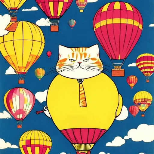 Prompt: fat yellow cat on a huge hot air balloon, illustrative, 60s