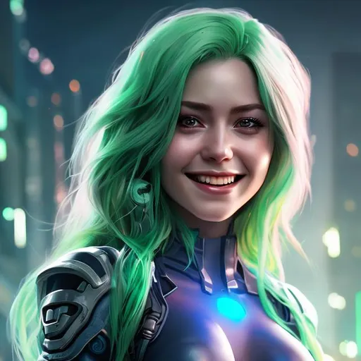 Prompt: attractive early-twenties woman, ombre green hair, smiling, futuristic, portrait, realistic details, photorealistic, 8K render, cinematic lighting,  ultra detailed