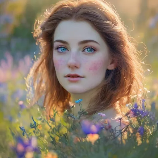 Prompt: Anne Bolelyn as ethereal beauty, soft spotlight, surrounded by vibrant and faded wildflowers, watercolor monet style, closeup of face, with brown eyes