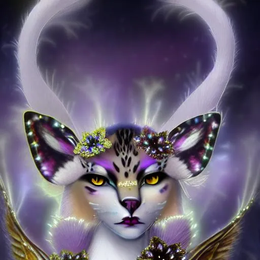 Prompt: a bejewelled felinoid fursona with soft downy facial fur, blue, lavender, mauve, cream, brown eyes, white and cream striped fine, whispy body fur, calico-Influence, white luminescent biomorphic glistening wings, in the style of Donato Giancola, Amanda Sage, in flower garden, darkness, glowing magical flowers, moonlight, low volumetric glowing fog, background theme glowing stars, epic, painted, fantasy, beautiful rich deep colors, in the style of Android Jones, Jean Tinguely, dynamic lighting volumetric lighting , occlusion, 128K UHD Unreal Engine 5