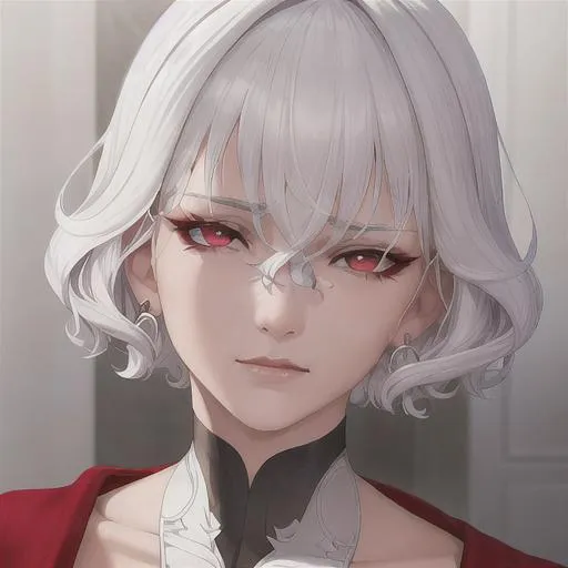 Prompt: "A close-up photo of a handsome girl with short curly hair, white hair, red eyes, wearing a kings robe, in hyperrealistic detail, with a slight hint of disgust in her eyes. His face is the center of attention, with a sense of allure and mystery that draws the viewer in, but her eyes are also slightly downcast, as if a sense of disgust is lingering in her thoughts. The detailing of his face is stunning, with every pore, freckle, and line rendered in vivid detail, but the image also captures the subtle emotions of disgust that might lie beneath her surface."