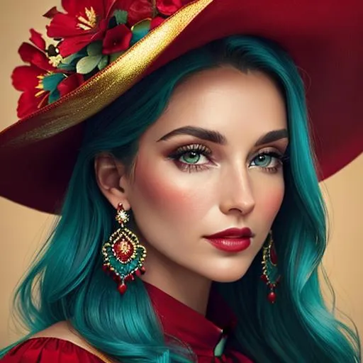 Prompt: Beautiful ethereal woman. color scheme of tuquoise and red., wearing turquoise and gold jewlery, wearing a red hatwith red flowers, facial closeup