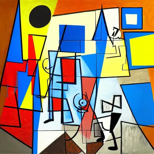 Prompt: A abstract painting big cubical background with different shapes and items and sizes of shapes textured textures into this painting different dimensions in this image different hidden items like a puzzle random lines or out of place items or things in this picture. A man walking a Dog random placement. Picasso style, neutral color scheme 