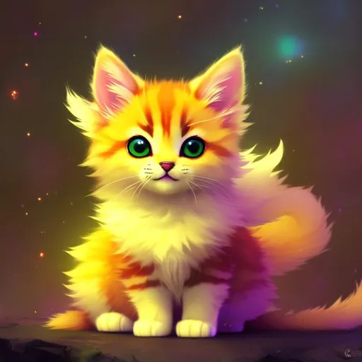 Prompt: Cute, yellow, fluffy, fantasy light kitten, with lighting, yellow eyes, yellow fur, and possessing the element of space and making circles of lighting stripes
 move around in the air in a magical way, in a space background. Perfect features, extremely detailed, realistic. Krenz Cushart + loish +gaston bussiere +craig mullins, j. c. leyendecker +Artgerm.