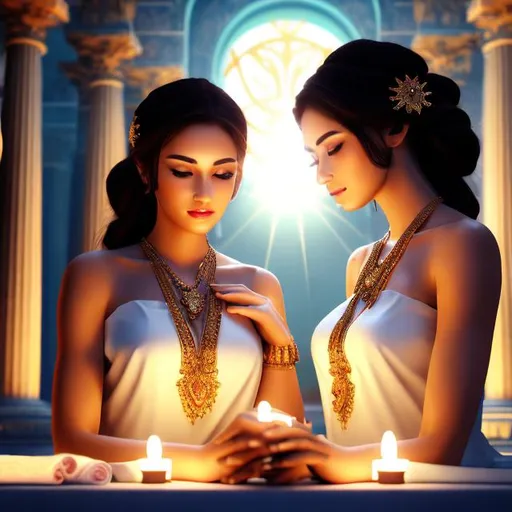 Prompt: HD 4k 3D 8k professional modeling photo hyper realistic beautiful twin maiden women ethereal greek goddesses of prayer
short brown hair brown eyes gorgeous face black skin shiny robes jewelry headbands full body surrounded by magic glorious glow hd landscape background two twin women praying in temple to Zeus