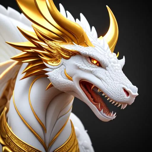 Prompt: 3D unreal engine model of a white marble dragon with golden marking and canine like features, 8k, high quality, trending art, sharp focus, studio photo, intricate details, highly detailed, vintage, octane render, ray traced lighting and reflections