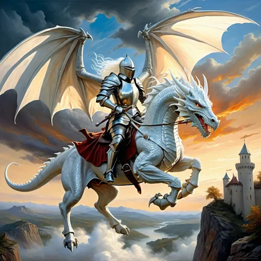 Prompt: Dragon rider Chivalric Knight in realistic oil painting, flying through the sky, majestic white dragon with vibrant white scales, white ethereal wings, flowing white hair, fierce expression, mythical landscapes, high fantasy, oil painting, vibrant colors, epic scale, detailed armor, stunning face, atmospheric lighting, professional, highres, fantasy, oil painting, dragon rider, Chivalric Knight , flying, majestic, ethereal, fierce expression, pale colors, high fantasy