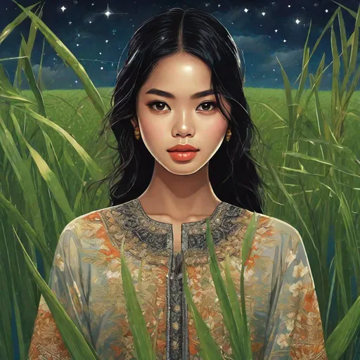 Prompt: (aerial shot), pretty young Indonesian girl, 25 year old (round face, high cheekbones, almond-shaped brown eyes, small delicate nose, long black hair), standing in middle of tropical rice field, ((looking up)), wet clothes, ((rain)), night sky with stars, masterpiece, intricate details