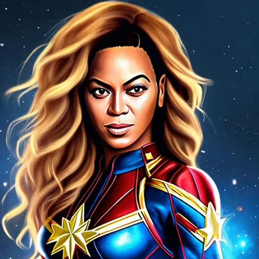 Prompt: Beyonce as captain marvel realistic detail. Details on the hair.