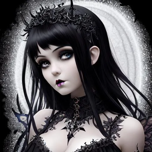 Prompt: Wednesday Addans, fairy goddess,with black hair, gothic, black background, closeup