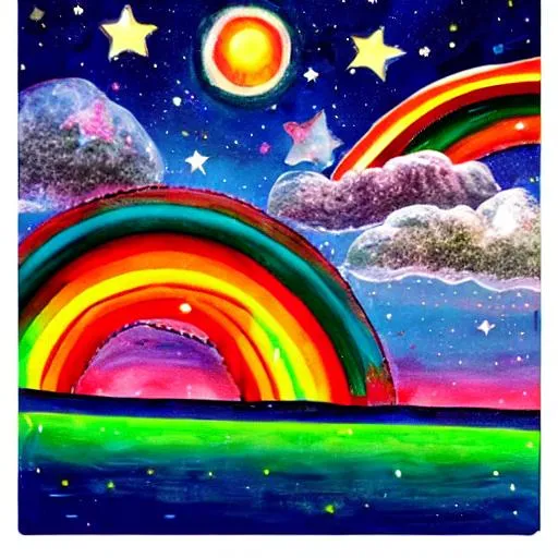 home realistic rainbows behind it with bright stars