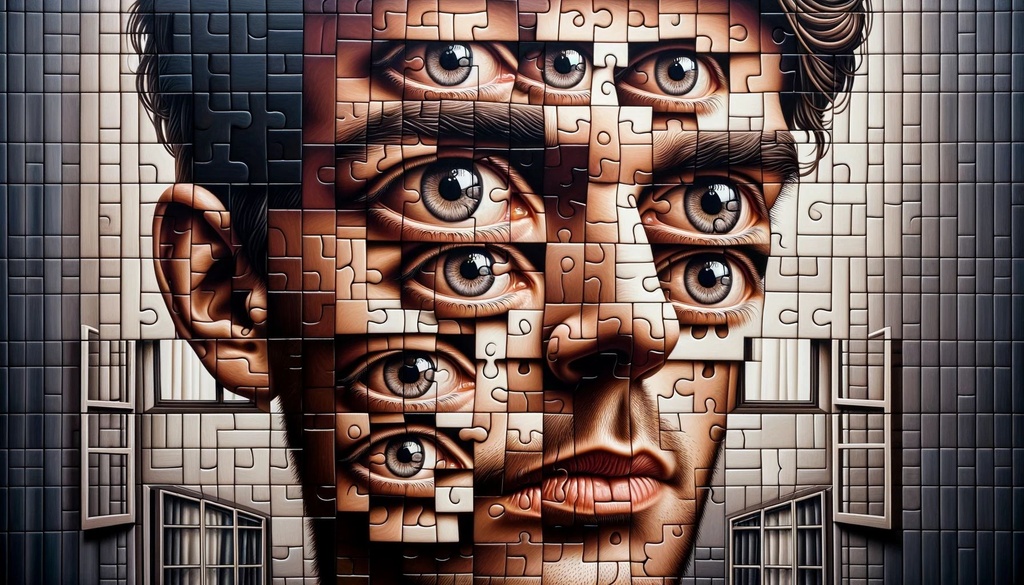 Prompt: portrait of a guy with multiple eyes looking out of multiple windows, in the style of appropriated images, close up, puzzle-like pieces, light bronze and black, fragmented advertising, realist detail, mirrored in wide ratio