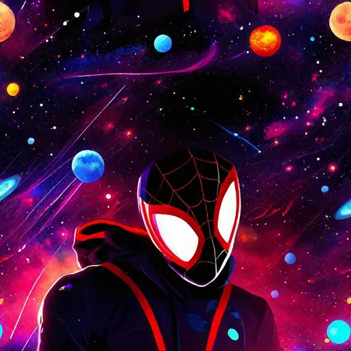 Prompt: miles Morales, space background filled with galaxies, nebulas, stars and blackholes, bright colors, planets, solar systems, vibrant colors, HD, 4K, professional brush work, detailed, cinematic shot, clean
