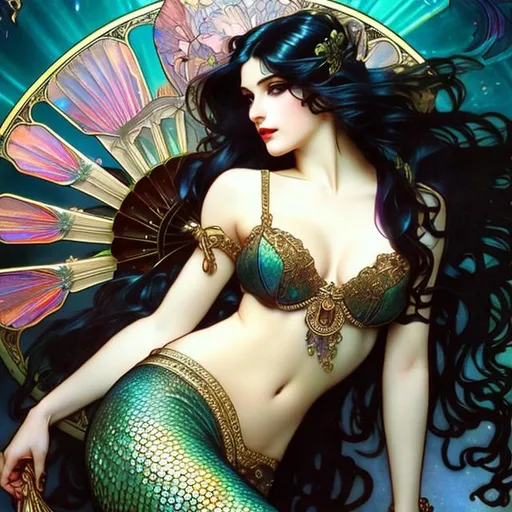 Prompt: Attractive mermaid goddess with fan fish tail, Alphonse Mucha, Luis Royo, Joyce ballantyne, black hair,  high contrast, colorful polychromatic, ultra detailed, ultra quality, CGSociety, depth of field