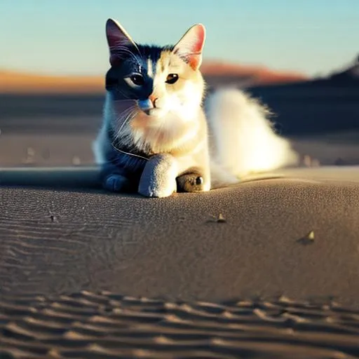 Prompt: photo of a shiny silver cat with metallic fur in a desert with gray sand, highly detailed, national geography,