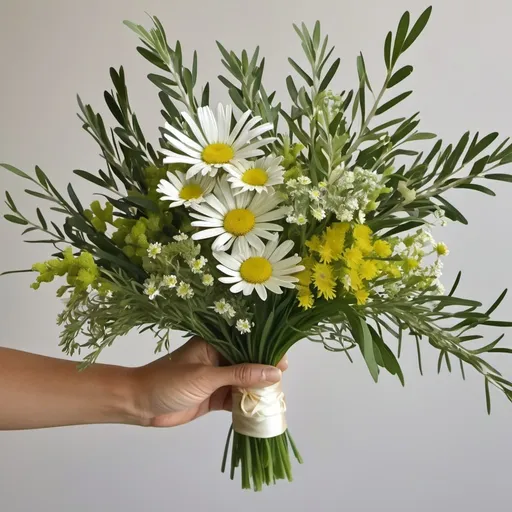 Prompt: olive laurel daisy and paniculata bouquet