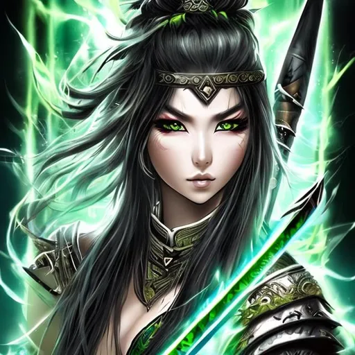 Prompt:  Japanese warrior sorceress green eyes