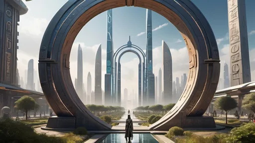 Prompt: human-scale circular portal, portal between different cities realms worlds kingdoms, ring standing on edge, freestanding ring, hieroglyphs on ring, complete ring, obelisks, futuristic towers, garden plaza, large wide-open city plaza, wide vista view, futuristic cyberpunk dystopian setting