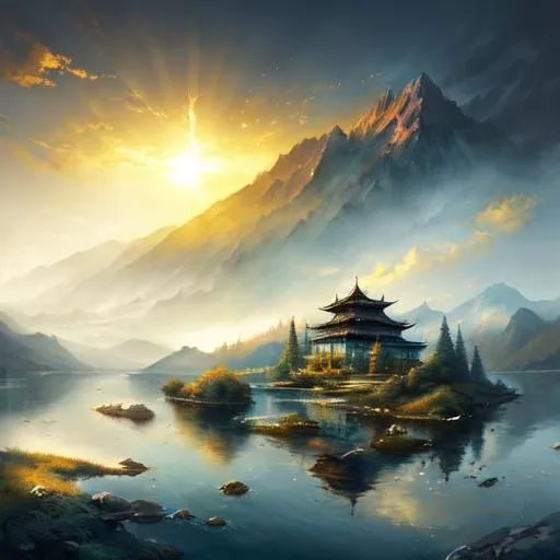 Prompt: chinse landscape, lake, mountain, ancient temple, dark fantasy world, steampunk, (best quality)), ((illustration)), ((masterpiece)), hyperrealistic, cinematic lighting
