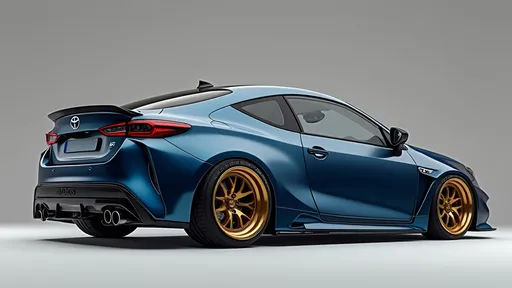 Prompt: 3D designs of vehicles. 2025 Toyota matrix, midnight blue,  gold bronze rims, white brake calipers, kodachrome