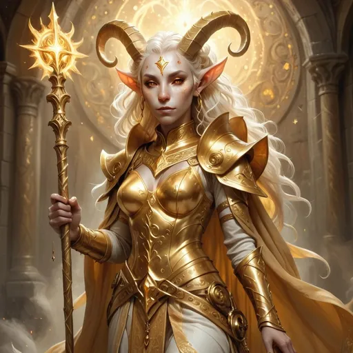 Prompt: Female tiefling cleric, ethereal charm, white skin, adorned in majestic gold clothes that shimmer with divine grace, holding a striking gold staff with intricate designs, surrounded by a mystical, celestial aura, soft light illuminating the scene, ethereal atmosphere, HD quality, fantasy realm backdrop with arcane symbols fading into the background.