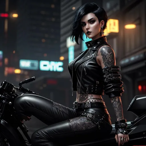 Prompt: a drawing of a woman with short black hair, cyberpunk art, pixiv, gothic art, wearing a cropped black tank top and leather jacket, 80's hair, very beautiful goth top model, tattooed, digital painting by dora art, in the style of intricate, fantastic grotesque, detailed character illustrations, pensive stillness, chromepunk, fantasy characters, digital illustration --ar 51:64 --s 750 --niji 5